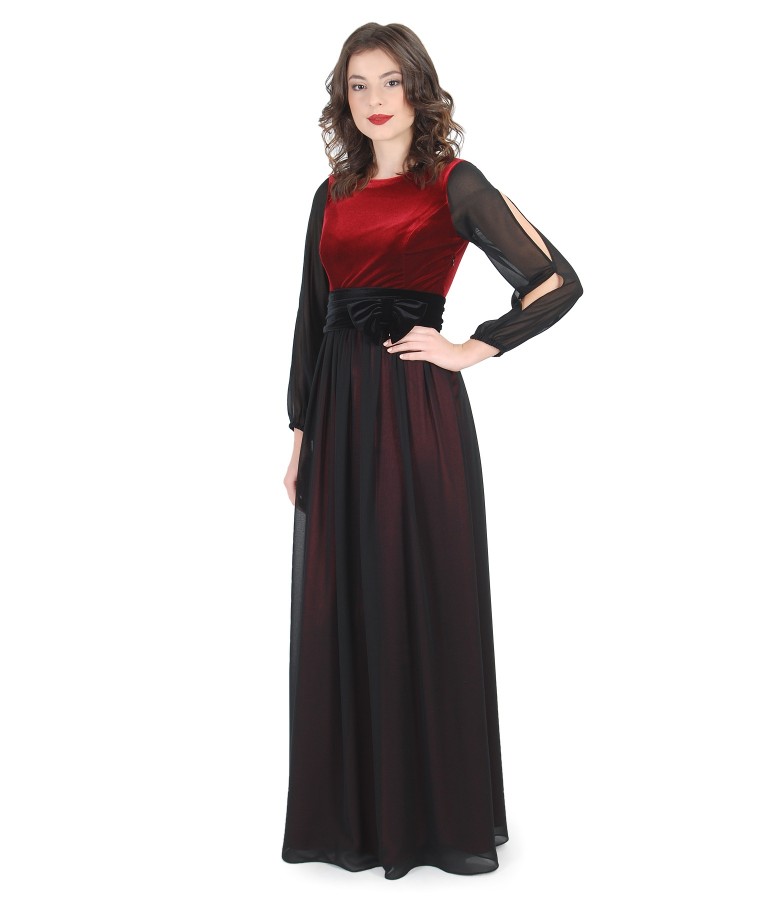 Long evening dress with elastic velvet and veil scarf
