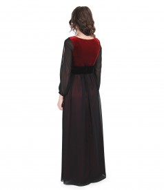 Long evening dress with elastic velvet and veil scarf