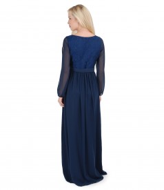 Long evening dress with elastic brocade and veil scarf