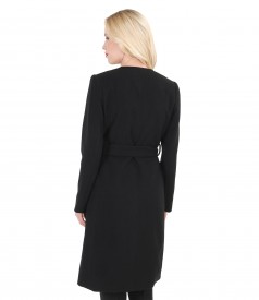 Coat with faux leather trim and waist tie