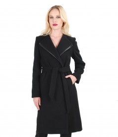 Coat with faux leather trim and waist tie