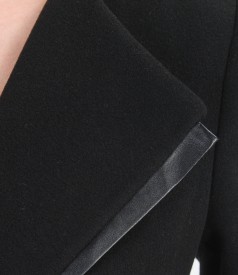 Coat with faux leather trim and waist tie