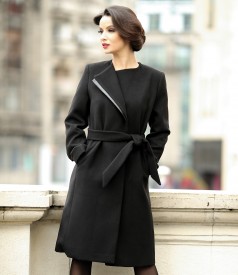 Coat with faux leather trim and waist tie