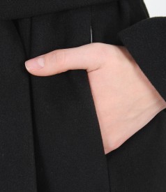 Coat with faux leather trim and waist tie
