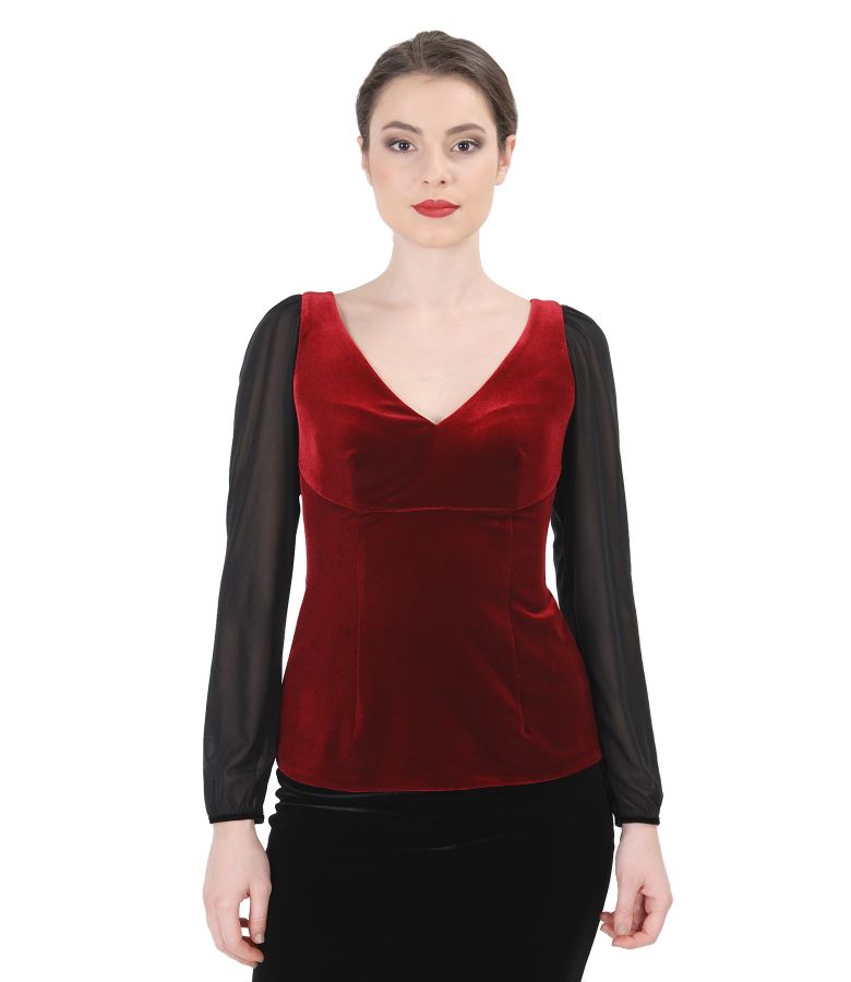 Elegant elastic velvet blouse with tulle sleeves