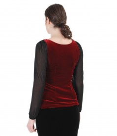 Elegant elastic velvet blouse with tulle sleeves