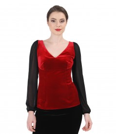 Elegant elastic velvet blouse with tulle sleeves