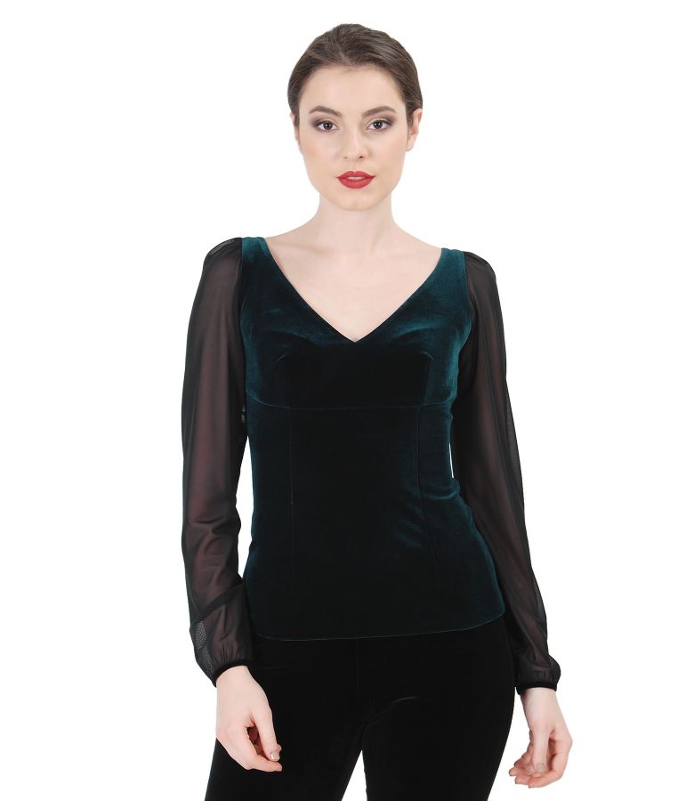 Elegant elastic velvet blouse with tulle sleeves