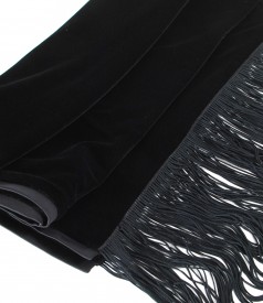 Elastic velvet scarf with saten trim and  fringe