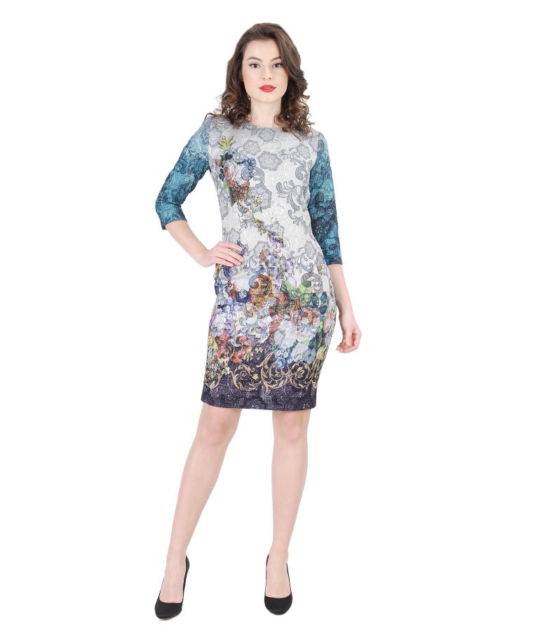 Multi-color elastic brocade dress with metallic thread