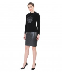 Elastic velvet blouse with inserts and ecological leather skirt