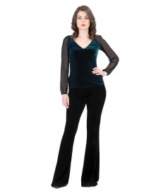 Elegant outfit with blouse and elastic velvet flared pants