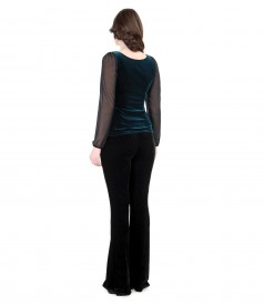 Elegant outfit with blouse and elastic velvet flared pants