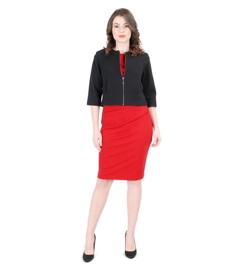 Brocade jacket with thick elastic jersey dress with folds