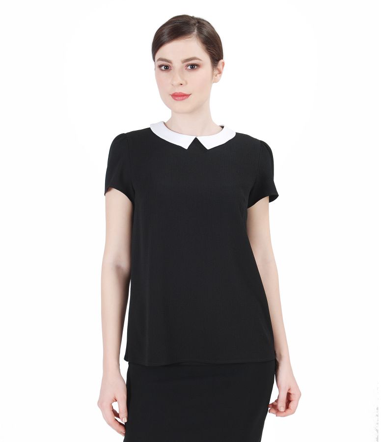 Black crepe veil blouse with collar