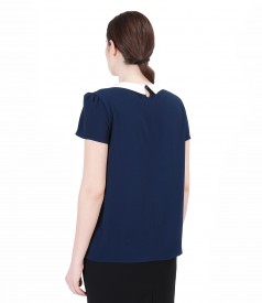 Navy crepe veil blouse with collar