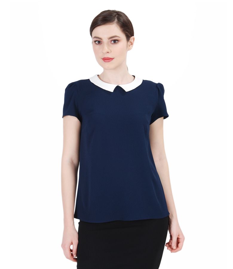 Navy crepe veil blouse with collar