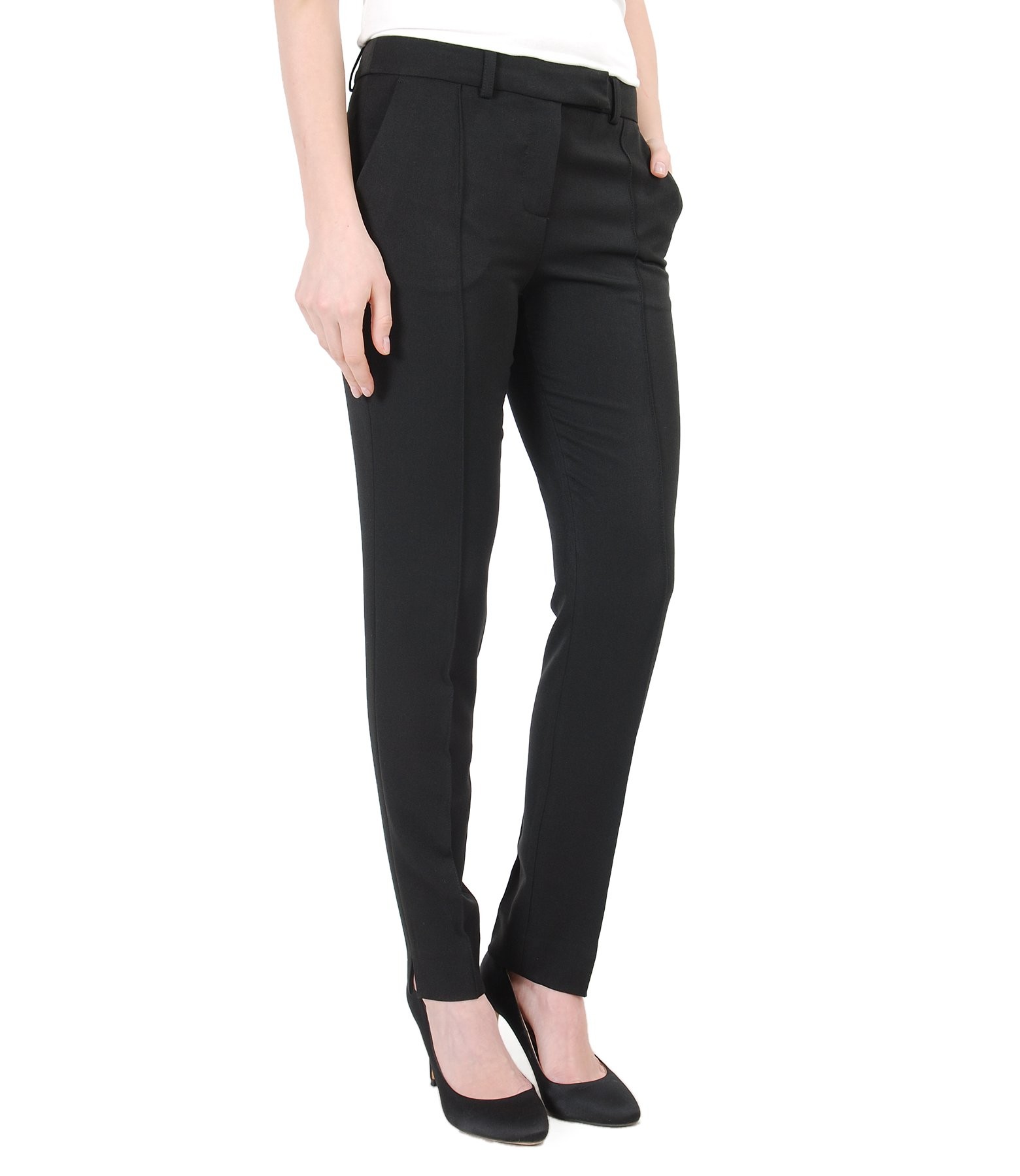 Elastic fabric pants with faux leather trim black - YOKKO