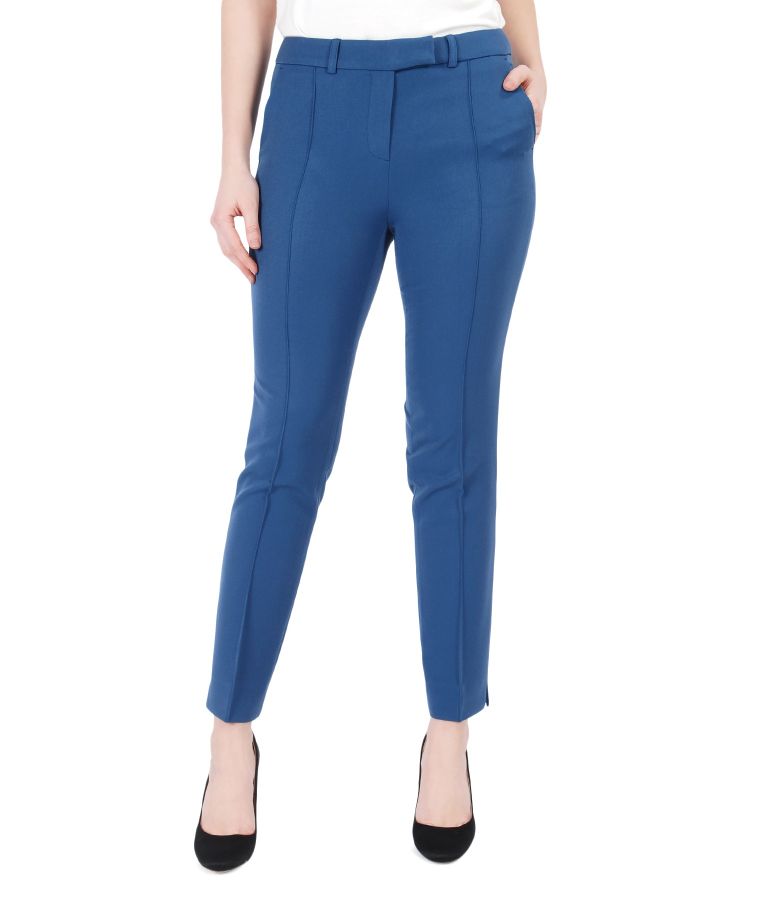 Elastic fabric pants with faux leather trim metallic blue - YOKKO