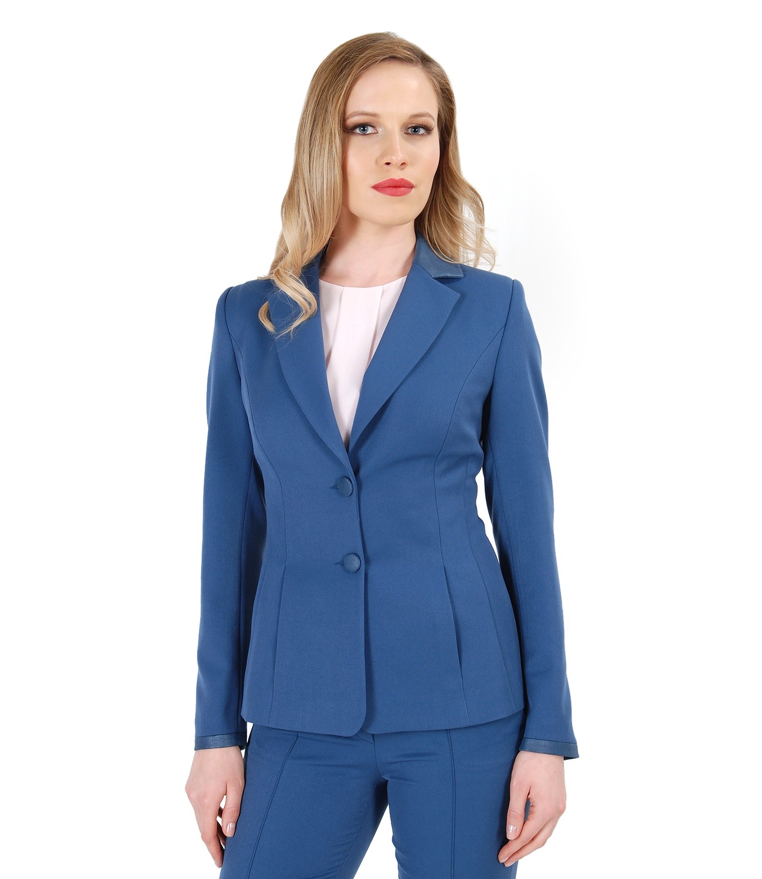 Office jacket with pockets and faux leather trim metallic blue - YOKKO