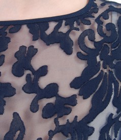 Brocade organza dress with viscose motifs and belt
