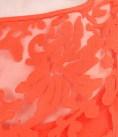 Brocade organza dress with viscose motifs and belt