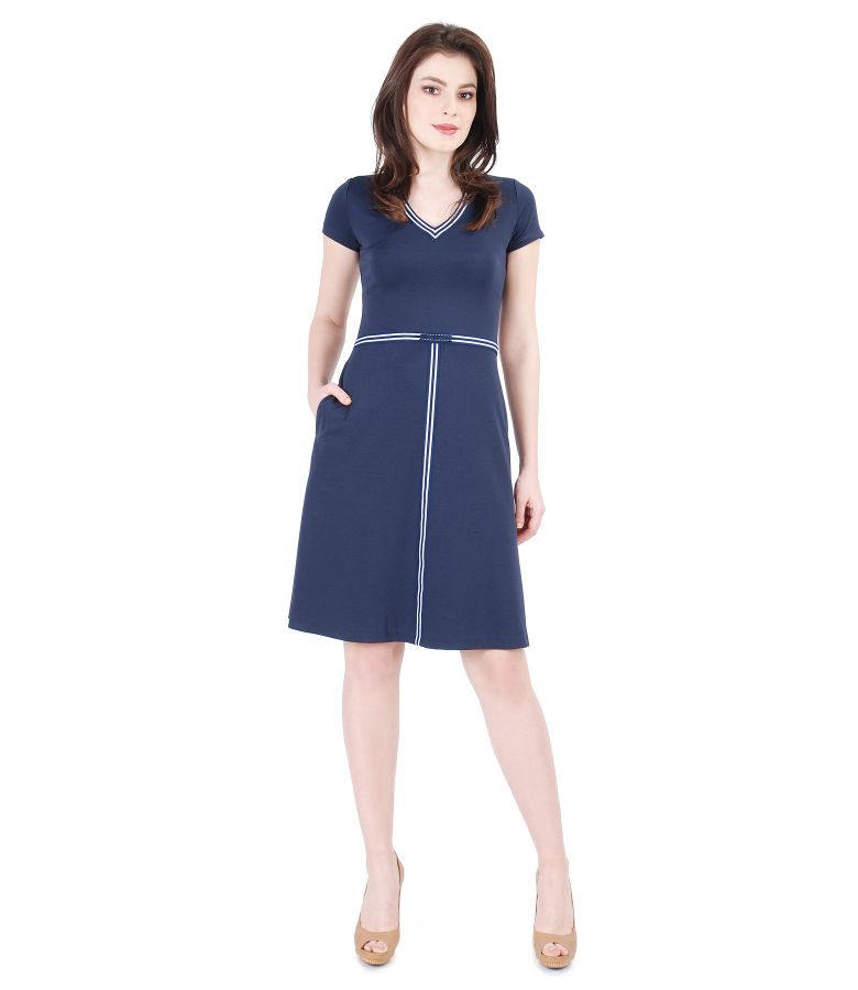Elastic knitwear dress with V decolletage dark blue - YOKKO