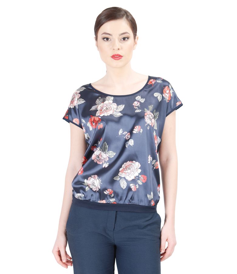 Elastic jersey blouse with printed satin front