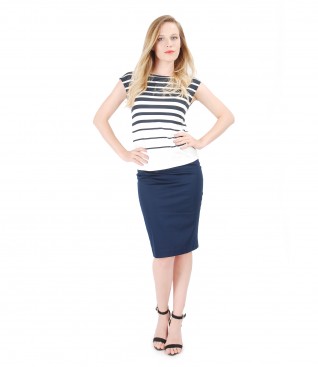 Elegant outfit with printed with stripes jersey blouse and pencil skirt