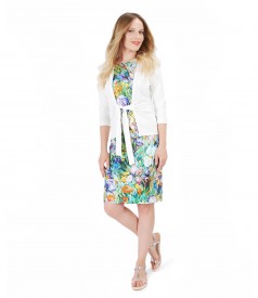 Elegant outfit with printed jersey dress and blouse with waist belt