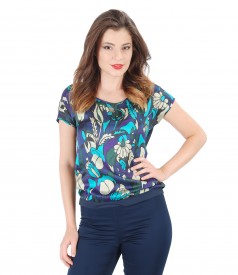 Elastic jersey blouse with printed viscose front