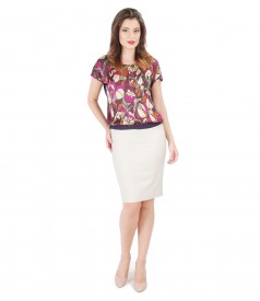 Blouse with printed viscose front and cotton conic skirt