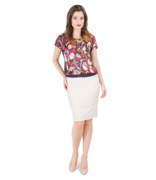 Blouse with printed viscose front and cotton conic skirt