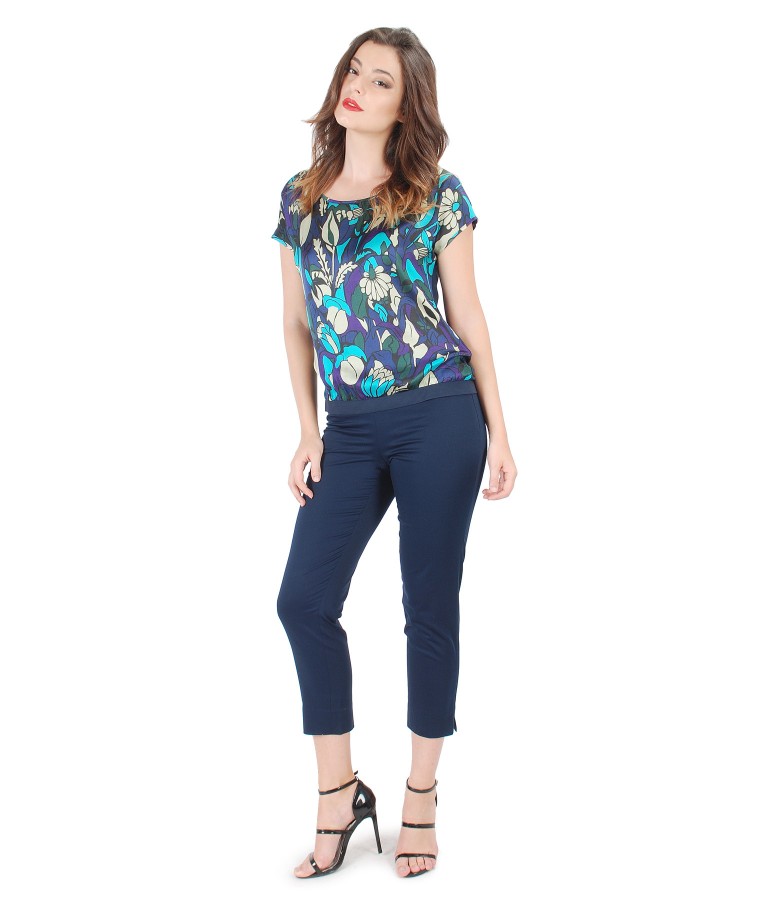 Blouse with printed viscose front and pants