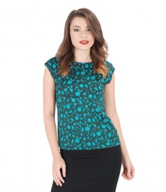 Printed jersey blouse with cap sleeves