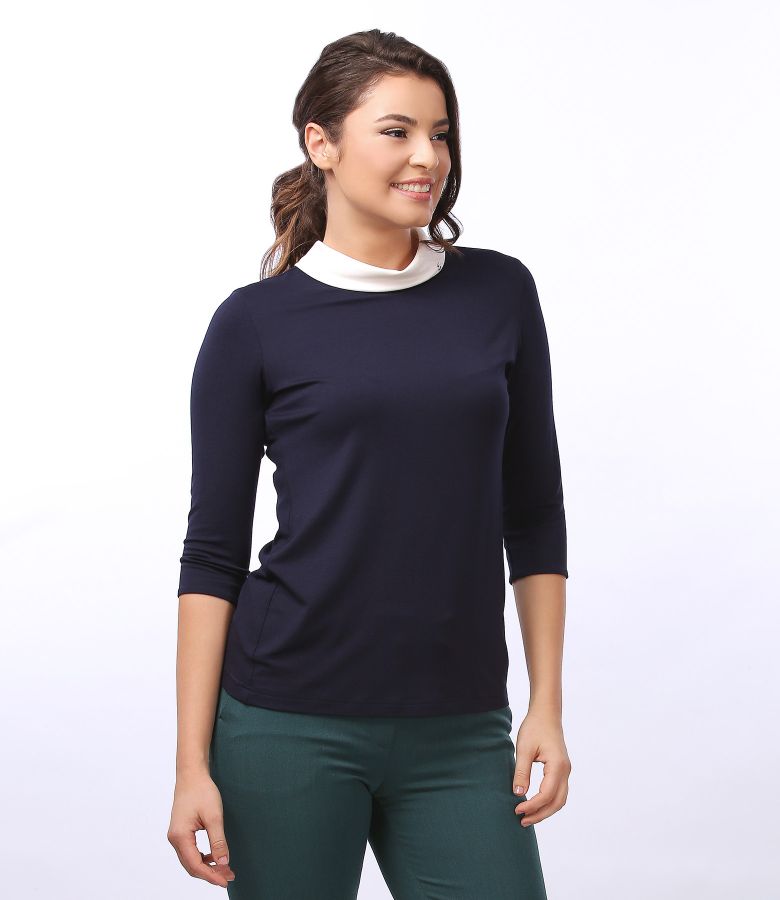 Elastic jersey blouse with 3/4 sleeves and crystals dark blue YOKKO