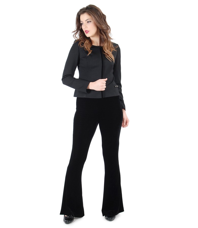 Elastic jersey jacket with lace corner and flaring velvet pants