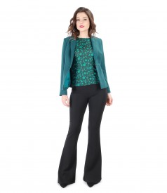 Elegant outfit with jacket with side zippers and flaring pants