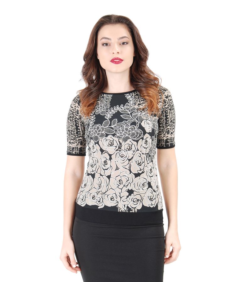 Elastic jersey blouse with embossed print
