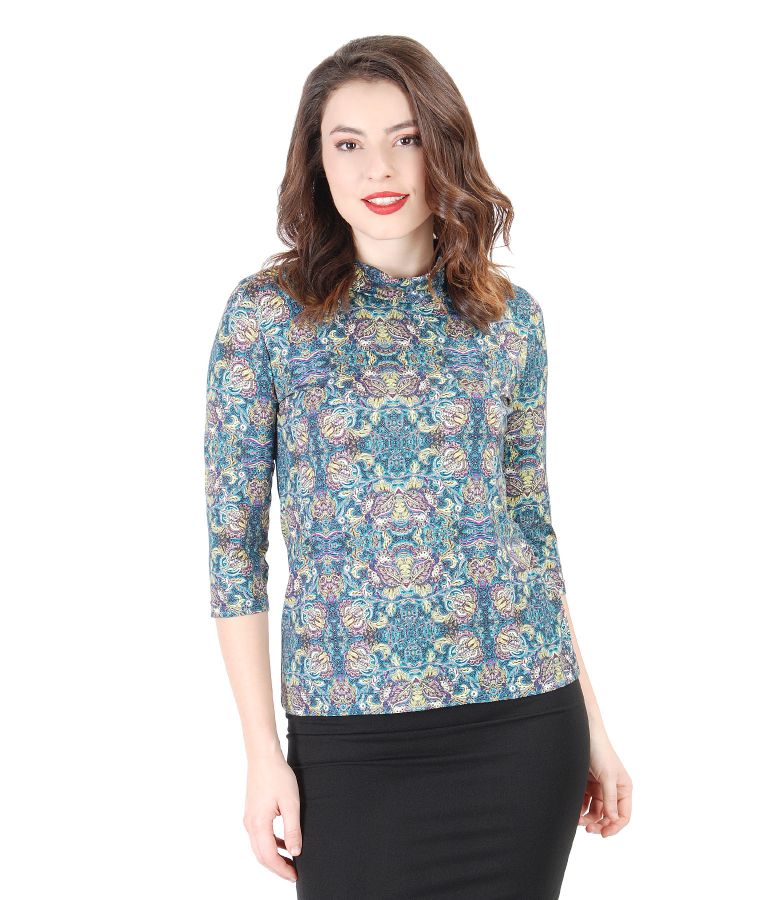 Printed elastic jersey blouse with 3/4 sleeves