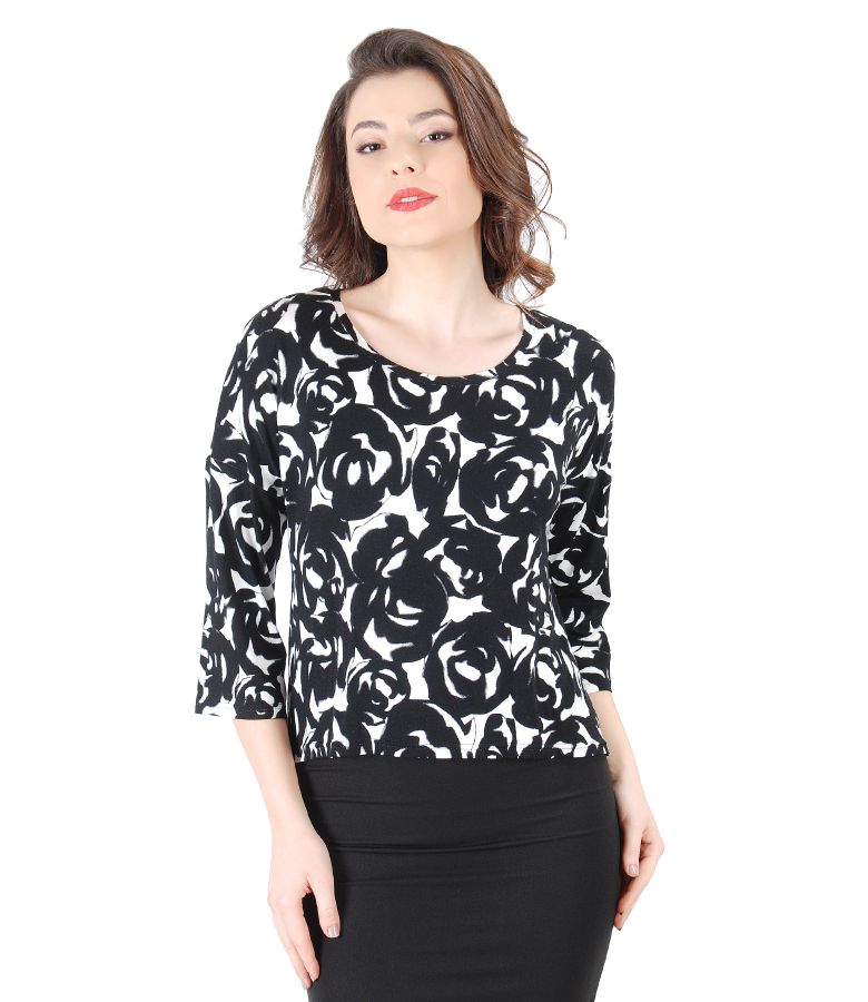Elegant blouse made of elastic jersey with floral print black YOKKO