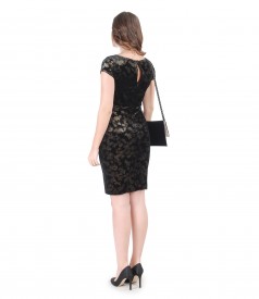 Golden velvet evening dress with elastic velvet envelope clutch