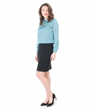 Elegant outfit with geometric printed blouse and office skirt