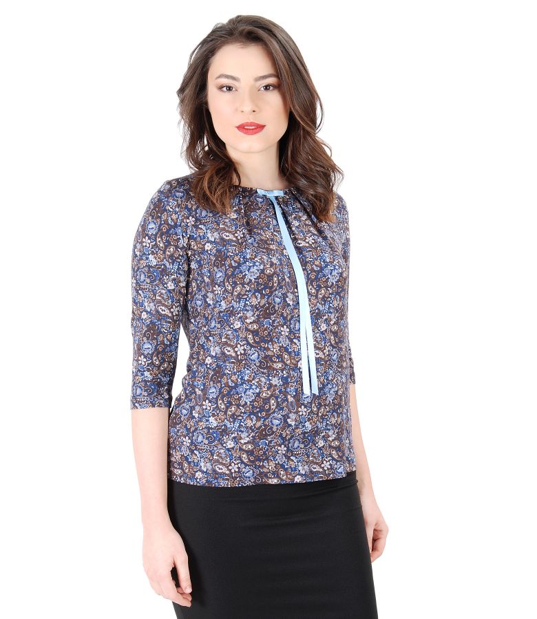 Elastic jersey blouse with bow on decolletage