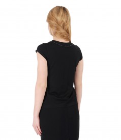 Elastic jersey t-shirt with trim on decolletage