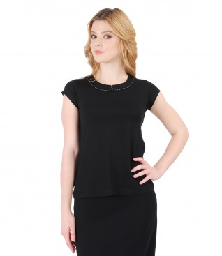 Elastic jersey t-shirt with trim on decolletage