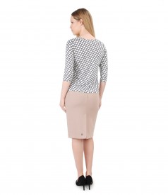 Printed elastic jersey blouse with tapered skirt