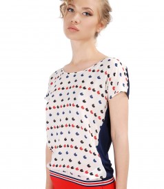 Elastic jersey blouse with front made of printed viscose