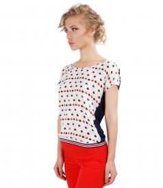 Elastic jersey blouse with front made of printed viscose
