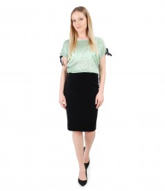 Elegant outfit with printed viscose blouse and velvet tapered skirt